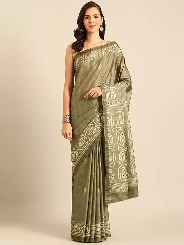 Geometric Pattern Printed Cotton And Contrast Border Saree With Blouse For Casual Occasion