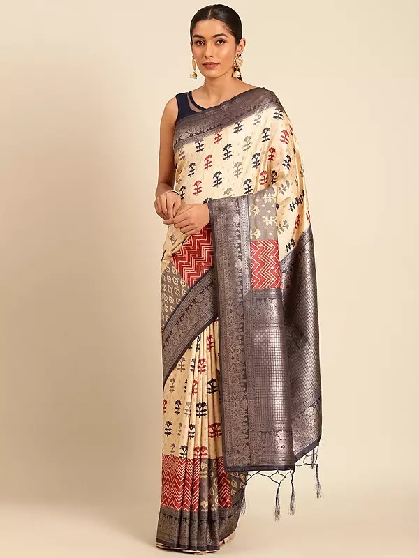 Silk Digital Print Designer Saree With Contrast Border And Attractive Tassels Pallu