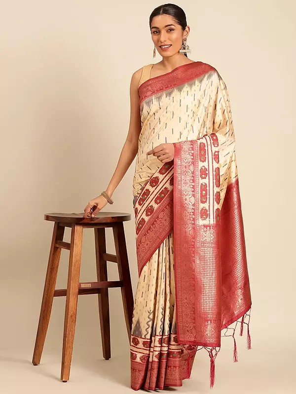 Silk Printed Traditional Saree With Contrast Border And Tassels Pallu