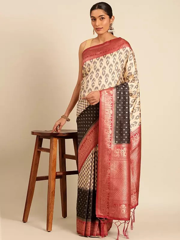 Festival Wear Printed Silk Saree With Contrast Border And Tassels Pallu