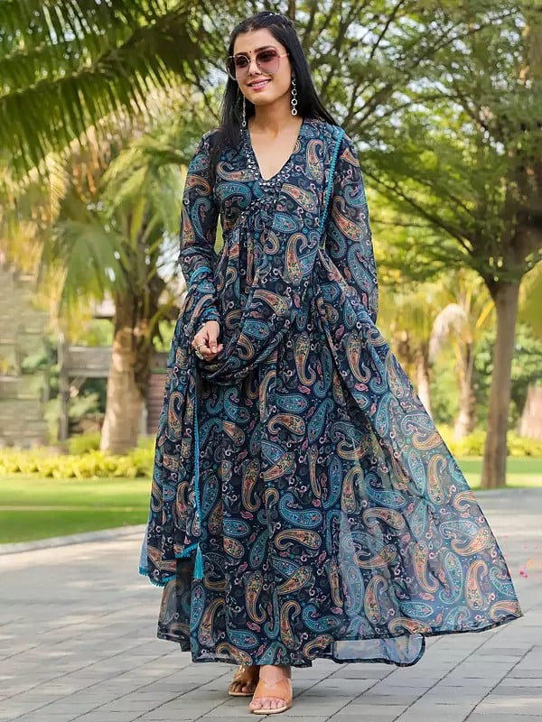 Party Wear Georgette Flared Full Sleeve Paisleys Printed Gown with Tassels Dupatta