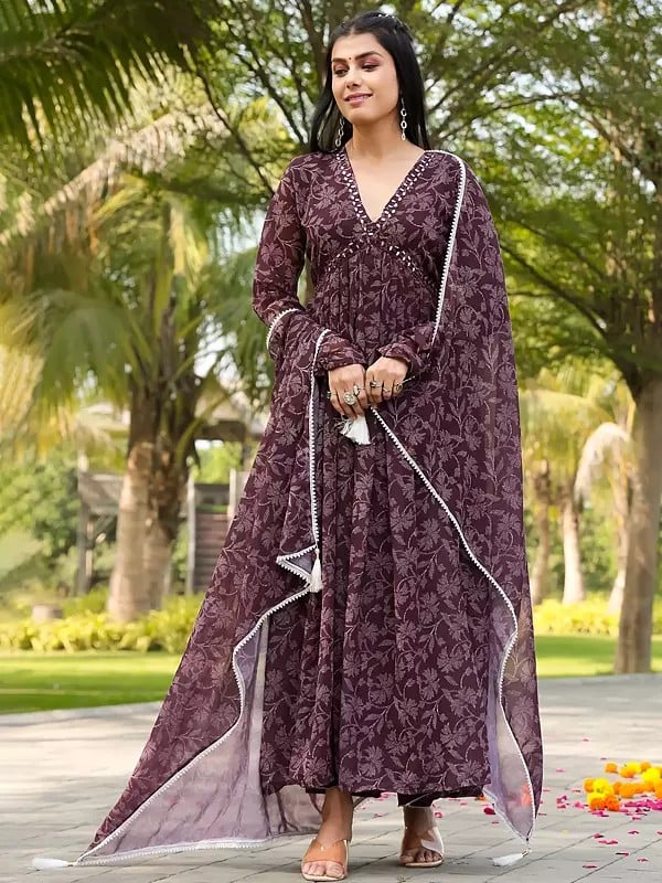 Mountbatten-Pink Georgette Flared Full Sleeve Floral Gown With Tassels Dupatta