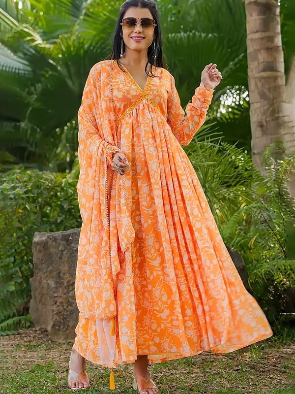 Atomic-Tangerine Georgette Party Wear Flared Full Sleeve Floral Gown With Tassels Dupatta