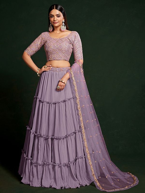 Rose-Quartz Faux Georgette Thread & Sequins Embroidery Work Lehenga Choli With Dupatta