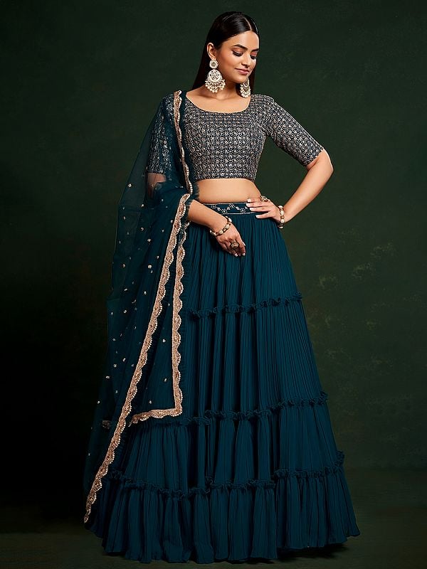 Sherpa-Blue Faux Georgette Sequins Embroidery & Thread Work Party Designer Choli With Dupatta