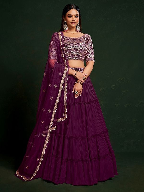 Mulberry-Wood Faux Georgette Thread & Sequins Embroidery Work Lehenga Choli With Dupatta