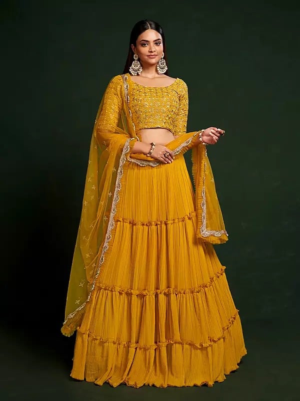 Tulip-Tree Faux Georgette Thread & Sequins Embroidery Work Party Wear Lehenga Choli With Dupatta