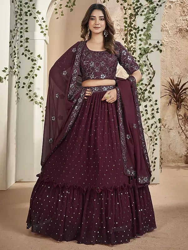 Cocoa-Bean Faux Georgette Thread & Sequins Embroidery Work Lehenga Choli With Dupatta