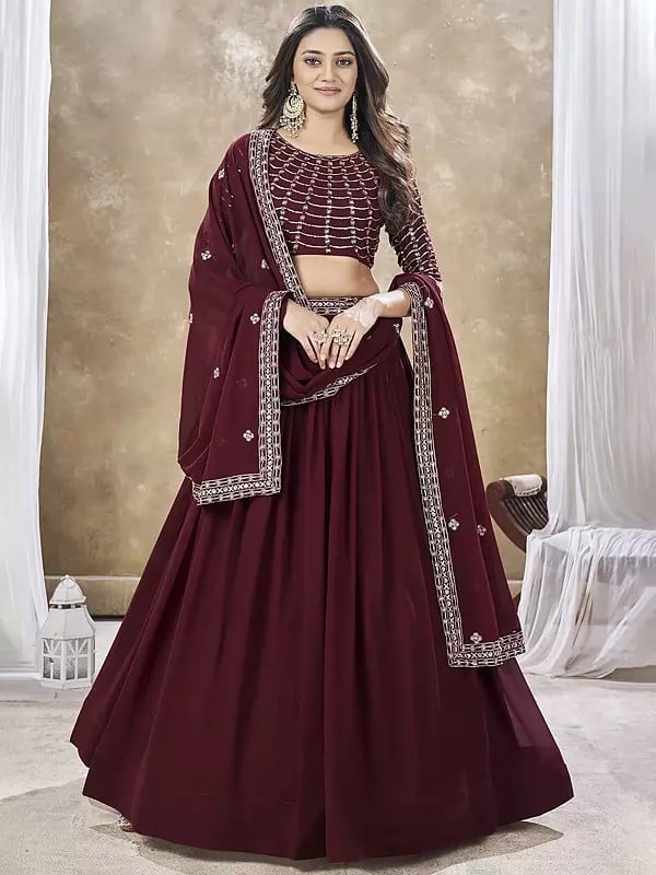 Cherrywood Zari & Sequins Embroidery Work Faux Georgette Lehenga With Mirror Work Choli & Dupatta