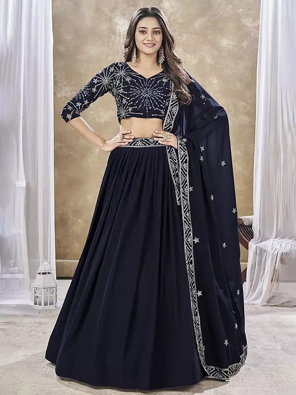 Ebony-Clay Faux Georgette Zari And Sequins Embroidery Work Lehenga With Mirror Work Choli & Dupatta