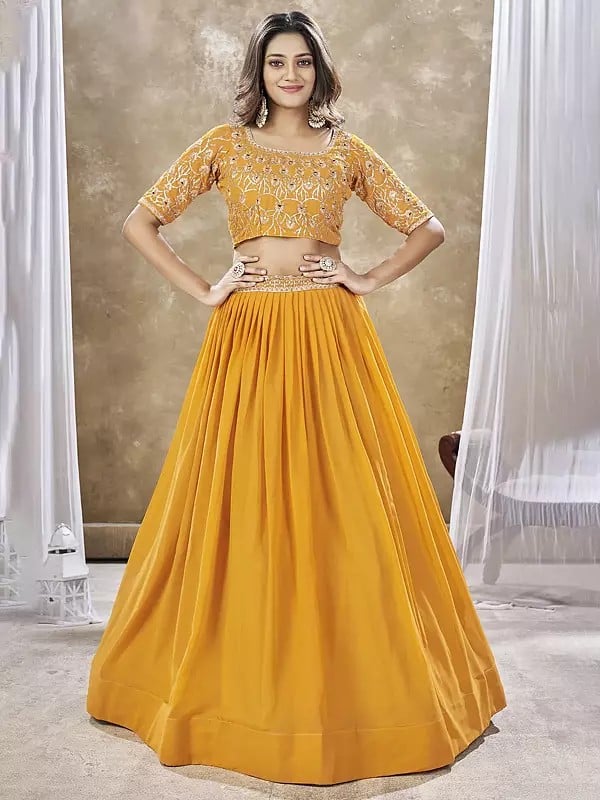 Fuel-Yellow Faux Georgette Sequins Embroidery & Zari Work Lehenga With Mirror Work Choli & Dupatta