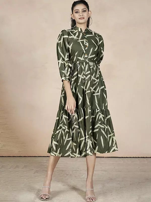 Rifle-Green Western Cotton Short Floral Printed Maxi Dress For Party Occasion