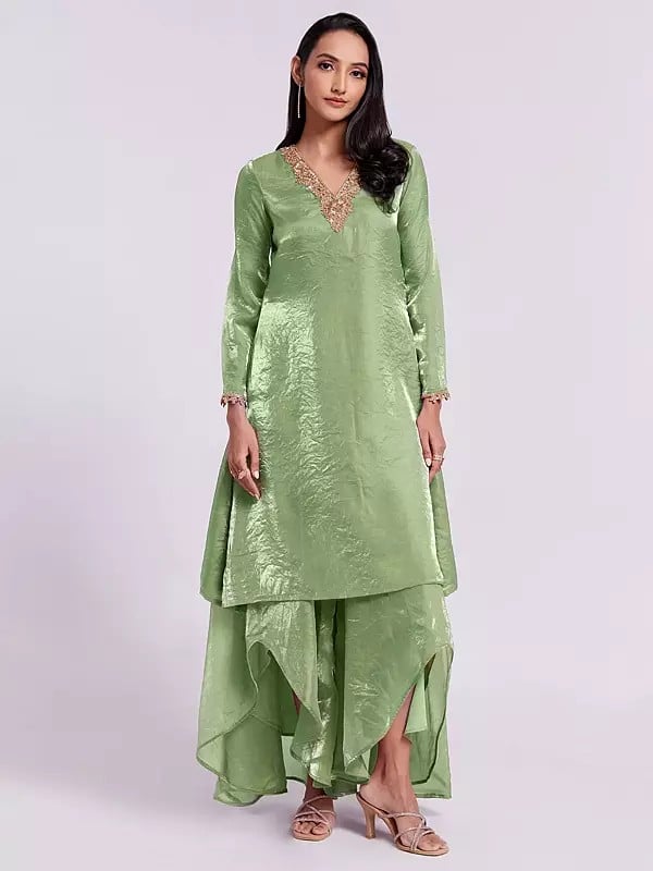 Pure Organza Hand Work On Neck Palazzo Suit Set For Party Occasion