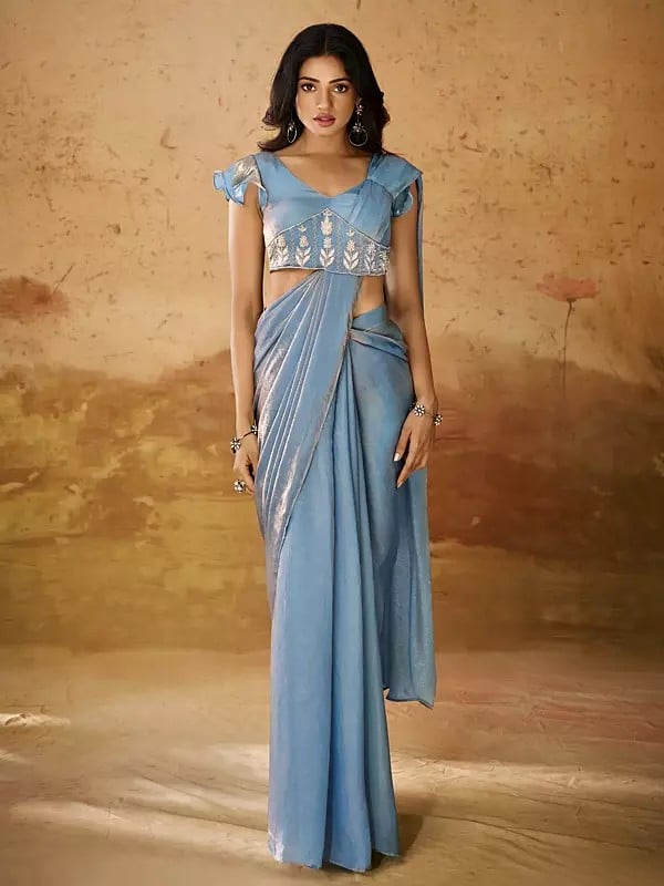 Hippie-Blue Organza Embroidery And Sequins Work Designer Saree With Blouse