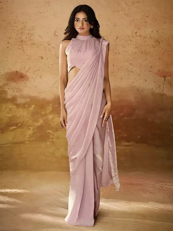 Pale-Pink Organza Cut Dana Hand Work Party Wear Designer Saree With Blouse