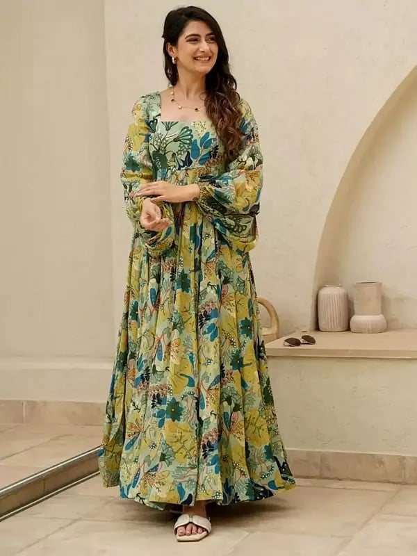 Digital Printed Anarkali Fully Flared Heavy Air Tex Chinon Gown For Casual Occasion