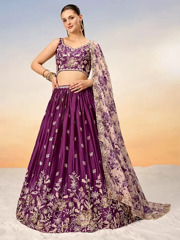 Poly Chiffon Embroidery And Sequins Work Designer Lehenga Choli With Net Floral Dupatta