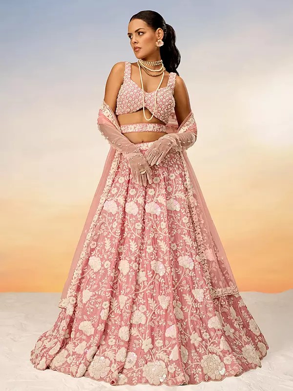 Poly Georgette Sequins And Embroidery Work Party Wear Lehenga Choli With Net Tassels Dupatta