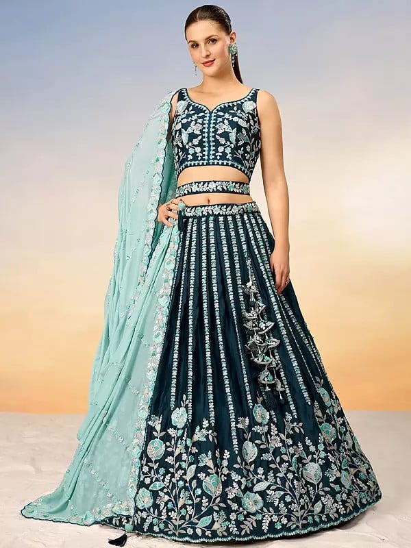 Satin Floral Embroidery On Lehenga Choli With Tassels & Poly Georgette Dupatta