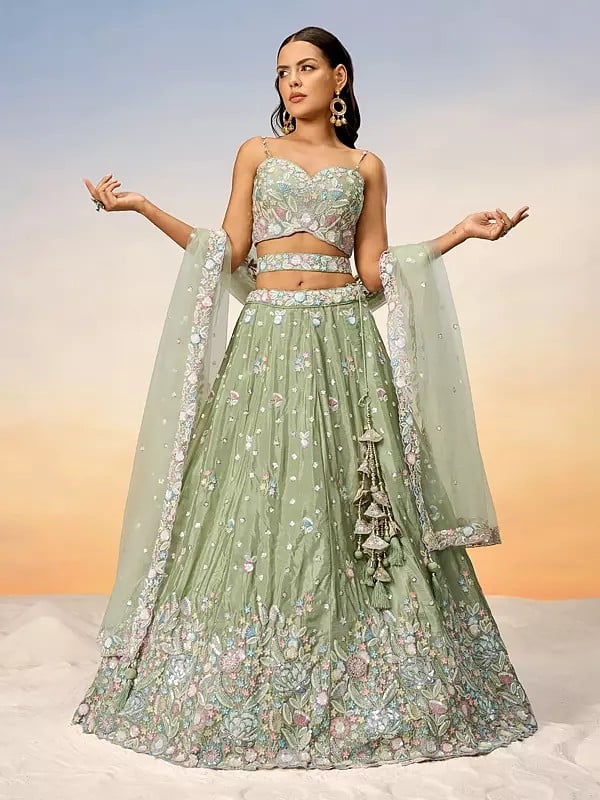 Poly Chiffon Sequins And Embroidery Work Designer Lehenga Choli With Net Tassles Dupatta