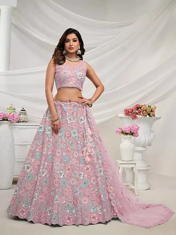 Floral Embellishments Stunning Party Wear Lehenga Choli With Tassels & Soft Net Dupatta