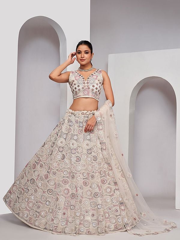 Pearl-Bush Blossoming Florals And Classy Embellishments Lehenga Choli With Soft Net Dupatta