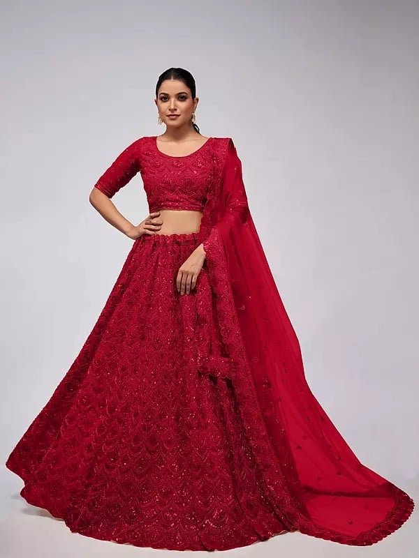 Embroidery And Sequins Work Bridal Lehenga Choli With Soft Net Dupatta For Wedding Occasion