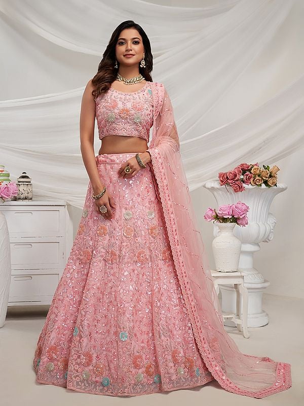 Pale-Chestnut Elegant Floral Pattern & Cut Dana Embellishment Bridal Lehenga Cholil With Soft Net Dupatta For Wedding Occasion