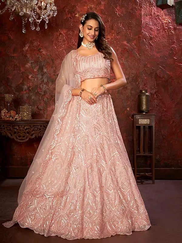 Pearl With Sequins And Sparkling Embellishments Bridal Lehenga Choli With Soft Net Dupatta For Wedding Occasion