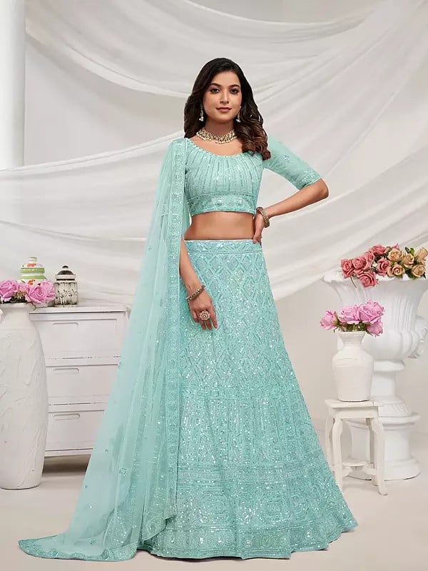 Sequins Embroidered & Geometric Pattern Bridal Party Wear Lehenga Choli With Soft Net Dupatta