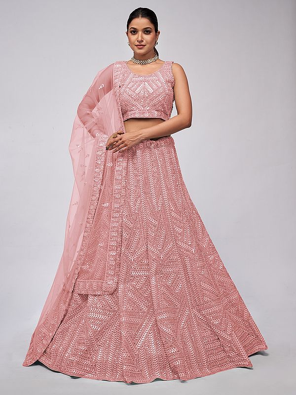 Leavs Motifs And Sequins Party Wear Designer Lehenga Choli With Soft Net Dupatta