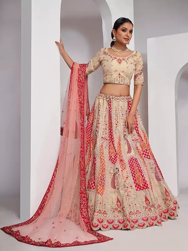 Soft-Amber Organza Silk  Paisley Motifs Beautiful Peacock Embroidered Bridal Lehenga Choli Set With Soft Net Dupatta