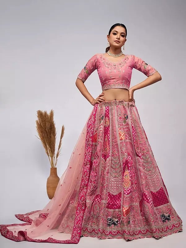 Organza Silk Intricate Paisley Motifs Traditional Embroidered Wedding Lehenga Choli With Soft Net Dupatta