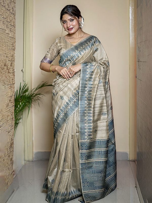 Thread Woven Tussar Silk Saree With Attractive Pallu And Tassels