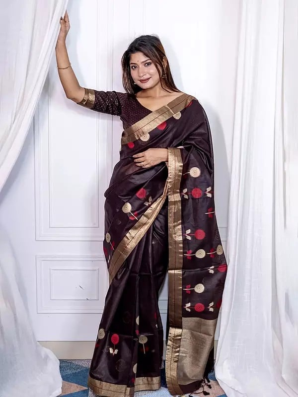 Zari Woven Cotton Silk Saree With Floral Motifs And Tassels