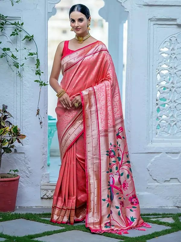 Birds And Tree Pattern Kanjivaram Silk Saree With Meenakari Zari Woven