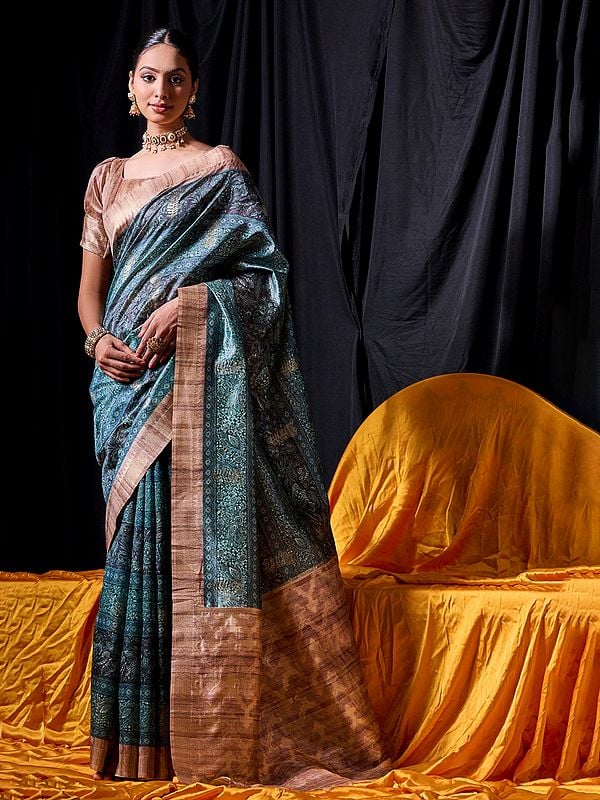 All Over Floral Pattern Tussar Silk Woven Saree In Designer Look