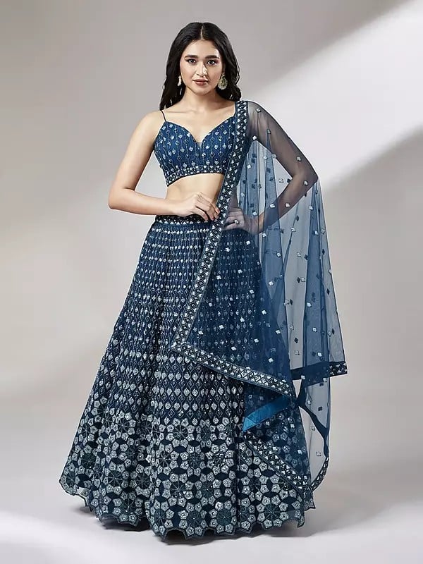 Astronaut-Blue Net Sequins And Thread Embroidery Party Wear Lehenga Choli With Attractive Dupatta