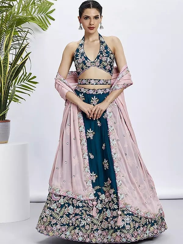 Poly Georgette Sequins And Thread Embroidery Work Lehenga Choli With Designer Tassels Dupatta