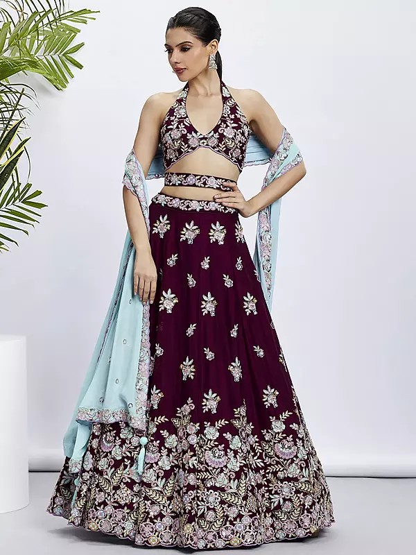 Poly Georgette Sequins And Thread Embroidery Work Lehenga Choli With Designer Tassels Dupatta