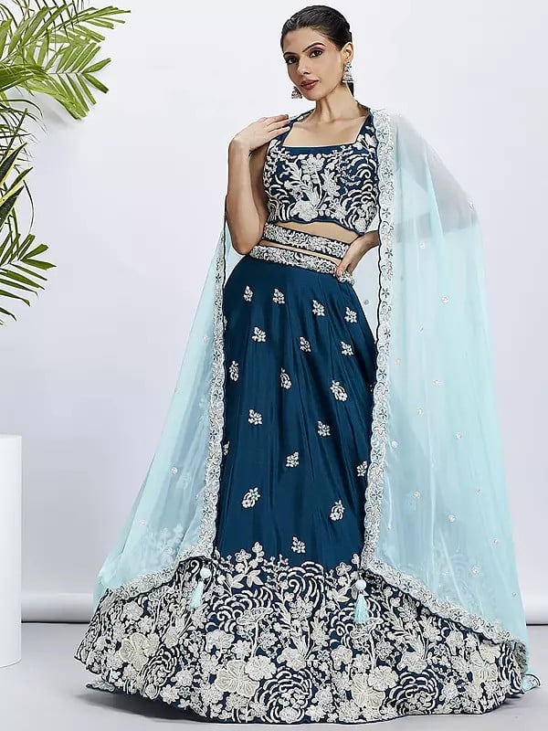 Poly Georgette Sequins And Thread Embroidery Lehenga Choli With Organza Dupatta