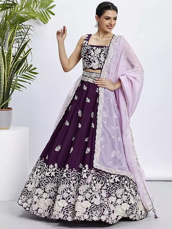 Poly Georgette Sequins And Thread Embroidery Lehenga Choli With Organza Dupatta