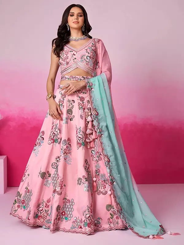 Silk Mirror & Heavy Sequins Embroidery Work Attractive Lehenga Choli With Organza Tassles Dupatta