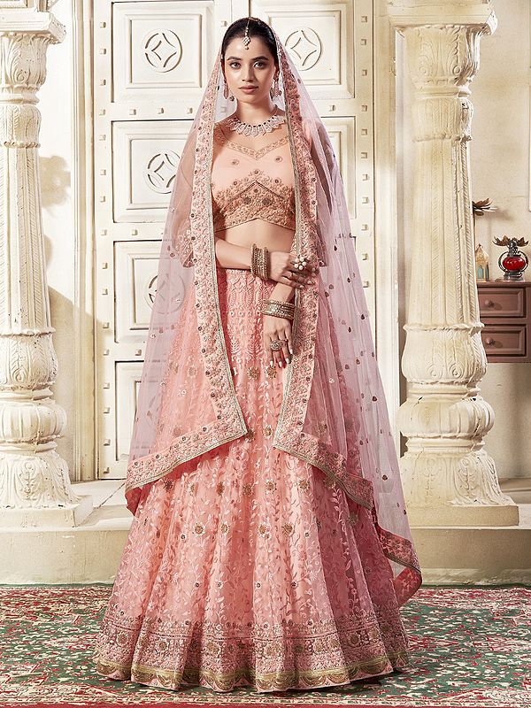 Pinkish-Peach Diamond And Thread Work Lehenga Choli And Dupatta In Premium Net With Attractive Look