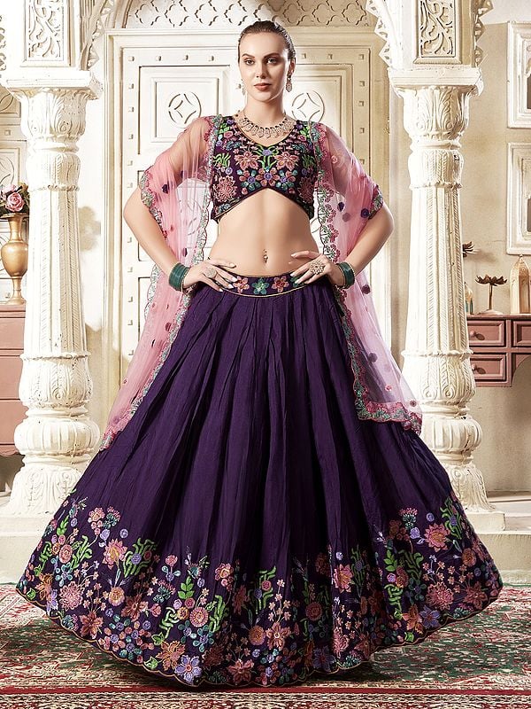 Grape-Purple Premium Silk Designer Lehenga Choli And Dupatta With Floral Motifs Sequins Work