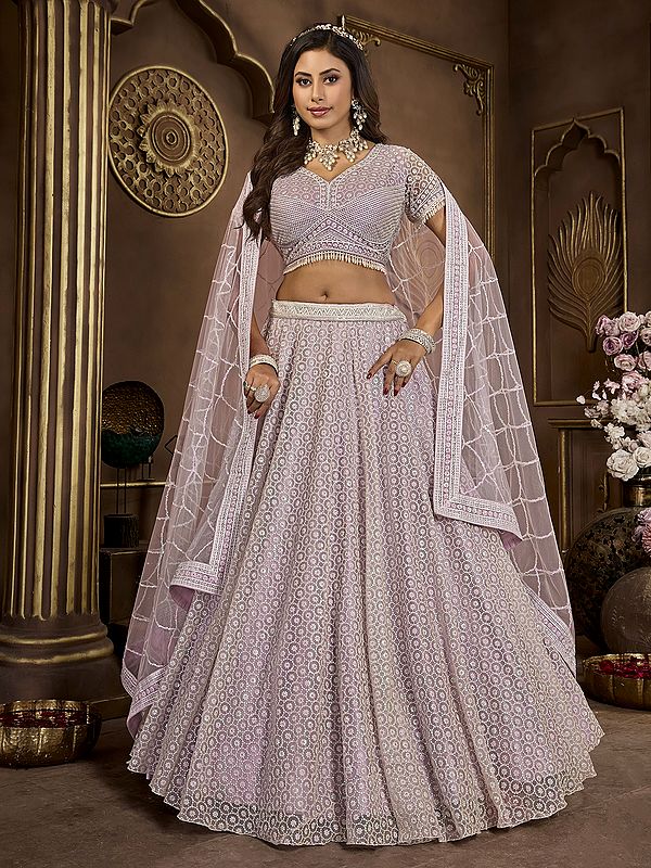 Light-Purple Big Flare Lehenga Choli And Dupatta In Premium Net With Sequence