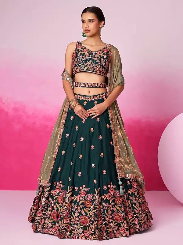 Poly Chiffon Sequins Floral Embroidery Work Lehenga Choli With Designer Silk Tassels Dupatta