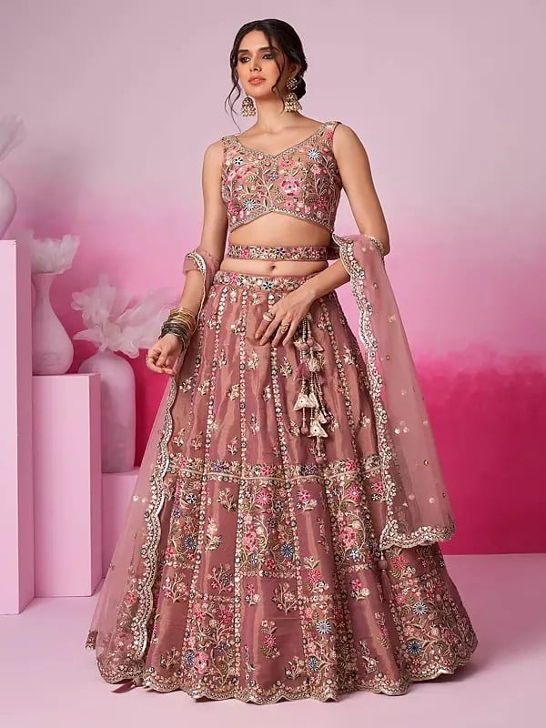 Net Sequins Floral Embroidery Work Party Wear Lehenga Choli With Attractive Tassels Dupatta