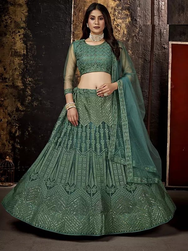 Net Sequins Embroidered Embellished Lehenga Choli With Matching Dupatta For Wedding Occasion