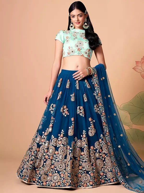 Soft Net Zari And Sequins-Thread Embroidery With Mirror Work Lehenga Choli With Designer Dupatta